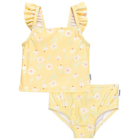 This adorable toddler girl swimsuit is the perfect way to enjoy sunny days at the beach or pool! With a bright, cheerful yellow color and multi-color flowers, she’ll shine in this swimsuit. Made from UPF 50+ material to protect against harmful rays, she can play safely while looking adorable. With shoulder ruffles to a Toddler Girl Swimsuit, Baby Size Chart, Multi Colored Flowers, Cotton Sleepwear, Swimwear Sets, 2 Piece Swimsuits, Swim Sets, Cute Swimsuits, Swimsuit Set