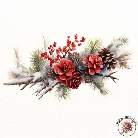 Watercolor Winter Branch Clipart: Pinecones, Evergreen Tree, Snow, Poinsettia Flowers, and Holly Berries for Festive Crafts https://digitalduskyrose.etsy.com/listing/1794887945 Bring the beauty of the winter season into your projects with our Watercolor Winter Branch Clipart collection. Featuring delicately illustrated pinecones, evergreen branches, snow accents, poinsettia flowers, and holly berries, this high-resolution clipart is perfect for creating stunning Christmas cards, scrapbookin... Holly Berry Tattoo, Snow Clipart, Christmas Stock Photos, Poinsettia Flowers, Watercolor Winter, Festive Crafts, Pine Branches, Poinsettia Flower, Wreath Watercolor