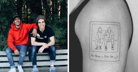 Disney Channel star Karan Brar is remembering the late Descendants actor, Cameron Boyce, with a new tattoo in honor of their friendship. Cameron Boyce Tattoo, Polaroid Picture Tattoo, Tattoo Dove, Lion Leg Tattoo, Leg Tattoo Placements, Disney Dudes, Tattoo In Memory, Best Friend Tattoo, Karan Brar