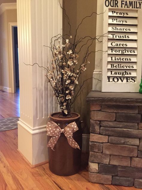 Living room decor... Repurposed my grandmothers butter churn. Old Butter Churns Decor Ideas, Butter Churn Decor, Butter Churn Decor Ideas, Churn Butter, Antique Decorating, Repurposed Kitchen, Barn Remodel, Butter Churns, Butter Churn