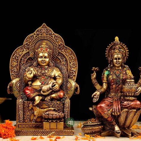 "Kuber Laxmi Statue, Hindu God Goddess, Dhan Laxmi with Kubera, Lord Of Wealth, Money, Success Resin Copper Finish Kuber Laxmi Statue.\n\n♥ Please feel free to contact us with any inquiry or question, we'd be happy to address any issue!!!\n\nTHANKS!!!" Kuber Lakshmi Photos, Lakshmi Kubera Hd Photos, Samudra Manthan, Lakshmi Photos, Lakshmi Statue, Religious Statues, God Goddess, Lakshmi Images, Krishna Statue