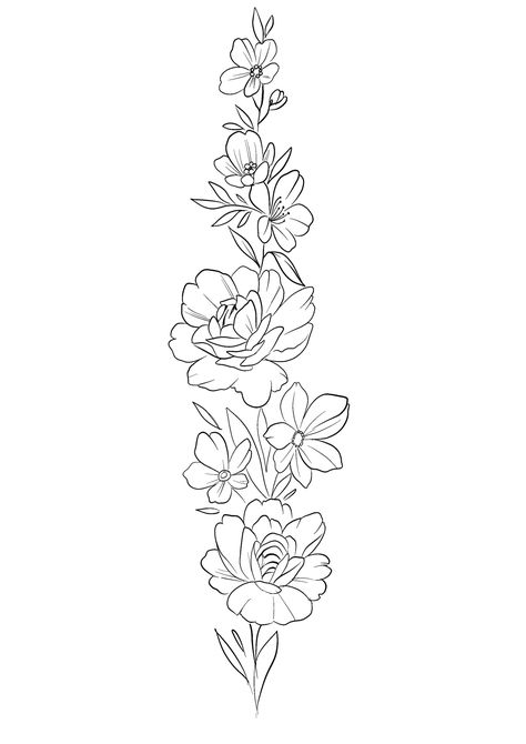 Botanical Garden Tattoo Sleeve, Flower Spine Tattoo Stencil, Long Flower Drawing, Spine Tattoo Outline, Medium Tattoos For Women, Harper Tattoo, Long Tattoos, Flower Vine Tattoos, Floral Back Tattoos