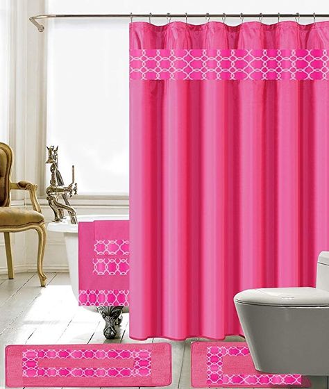 💕Amazon.com: 18 Piece Embroidery Banded Shower Curtain Bath Set 1 Bath Mat 1 Contour 1 Shower Curtain 12 Matching Fabric Shower Rings 3 Pcs Matching Towel Set 100% Polyester (Hot Pink): Home & Kitchen💕#thinkpink 💕#affiliatelink Orange Shower Curtain, Ruffle Shower Curtains, Pink Shower Curtains, Shower Rings, Contour Rug, Shower Hooks, Bath Set, Embroidered Towels, Shower Curtain Set