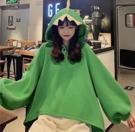 Korean Sculpture, Dinosaur Sweatshirt, Dinosaur Sweater, Kawaii Hoodie, Big Hoodies, Holy Guacamole, Fitted Hoodie, Green Dinosaur, Japanese Harajuku