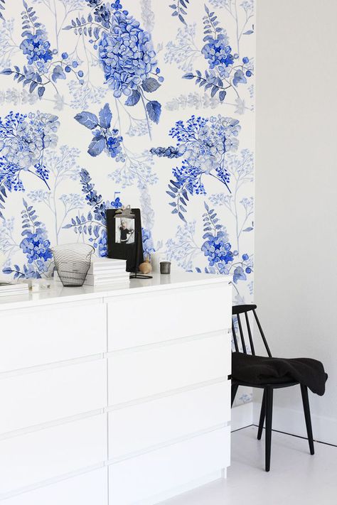 Flowery China Removable Wallpaper | COLORAYdecor.com Wallpaper Subtle, Hydrangea Wall, Hydrangea Wallpaper, Wallpaper Floral, Temporary Wallpaper, Temporary Wall, Removable Wall Stickers, Watercolor Blue, Removable Wall Murals