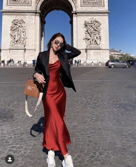 Satin Dresses With Blazer, Silk Dress With Blazer Outfit, Satin Dress With Long Sleeve Shirt Under, Red Dress With Black Blazer, Satin Dress Work Outfit, Long Satin Dress Outfit Casual, Midi Red Dress Outfit, Red Dress With Blazer, Satin Dress With Blazer Outfit