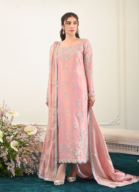 Saiba Shirt Izaar And Dupatta Gold Nikkah Dress, Semi-stitched Pink Dress With Sheer Dupatta, Spring Embroidered Pink Dupatta, Eid Pink Embroidered Dupatta, Pink Unstitched Dupatta With Sequins, Pink Semi-stitched Embroidered Fabric With Sheer Dupatta, Tissue Dupatta, Shalwar Kameez Designs, Baat Pakki