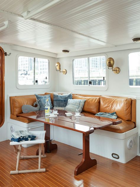 How This Family Created a Floating Summer Home Out of an ’80s Tugboat House Boat Interior, Boathouse Interior, Wood Boat Interior, Boat Interior Design, Boat Interiors, Dutch Barge, Lord Nelson, Narrow Boat, Boat Decor