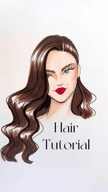 Shiny Hair Drawing, Fashion Hair Drawing, Fashion Hair Illustration, Holly Nichols Illustration Fashion, Hảir Style Drawing Reference, Holly Nichols Art, Hair Styles Illustration, Wavy Hair Sketch, Wavy Hair Illustration