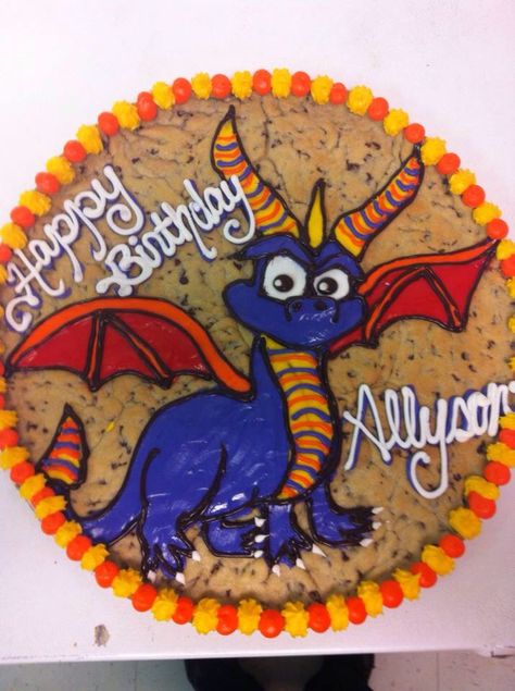 Spyro cookie cake Spyro Cake, Second Birthday Pictures, Giant Cookies, Birthday Cookie, Cookie Cake Birthday, Giant Cookie, Spyro The Dragon, Dragon Birthday, Second Birthday