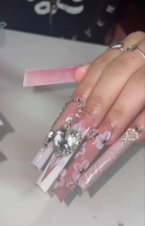 Extra Long Nails With Charms, Teal Nails With Rhinestones, Long Nails With Charms, Extra Long Nails, Nails With Charms, Chloe Nails, Quince Nails, Nails With Rhinestones, Quinceanera Nails