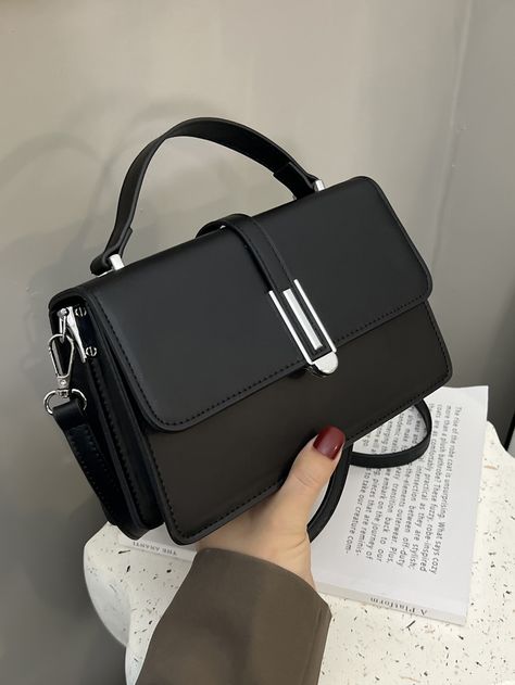 Black Elegant,Fashionable Collar  PU Leather Plain Square Bag Embellished   Women Bags Classy Purses, My Style Bags, Hand Bags For Women, Trendy Purses, Everyday Handbag, Stylish Purse, Girly Bags, Trendy Handbags, Fancy Bags