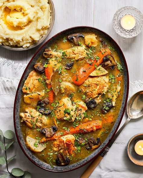 Chicken, mushroom and tarragon ragout Mushroom Ragout, Flourless Baking, Waitrose Food, French Chicken, Vegetarian Brunch, Tarragon Chicken, Buttery Mashed Potatoes, Chicken Mushrooms, One Pot Vegetarian