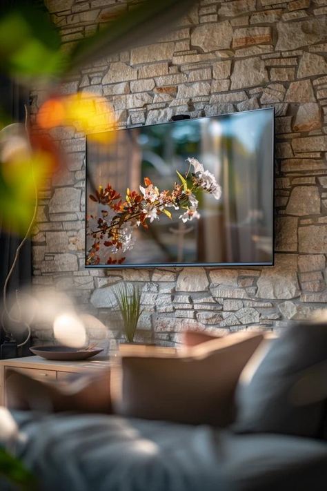 How To Mount TV On Stone Wall: Secure Installation Tv On Stone Wall, Stone Wall Tv, Wall Behind Tv, Tv Mounted, Mount Tv, Raised Ranch, Porch Windows, Tv Installation, Backyard Balcony