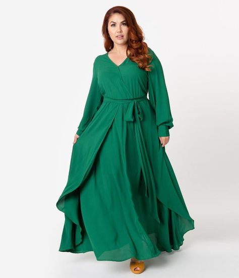 Unique Vintage Plus Size Emerald Green Long Sleeve Farrah Maxi Dress Hunter Green Maxi Dress, Vintage Brand Clothing, Burgundy Maxi Dress, Disco Era, Baltic Born, Green Maxi, Vintage Inspired Dresses, Maxi Dress Green, Ruffled Maxi Dress