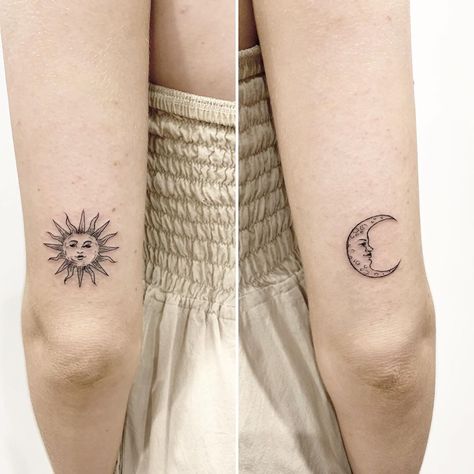 Mimi Kuromi 🦝🐼💀😻🌿🎧🥃✈️ on Instagram: “Sun 🌞 and moon 🌙 first tattoo 🍒” Half Sun Half Moon Matching Tattoo, Sun And Moon Tattoo On Back Of Arms, Sin And Moon Tattoo, Sun And Moon Tattoo Above Elbow, Sun And Moon Tricep Tattoo, Sun And Moon Tattoo Above Knee, Sun And Moon Tattoos Seperate, Sun Moon Elbow Tattoo, Medieval Sun And Moon Tattoo