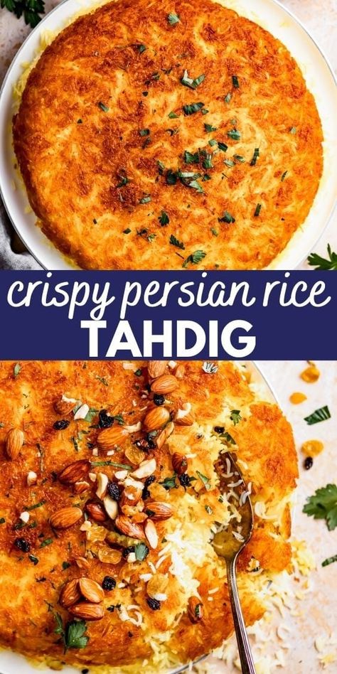 Seasoned with saffron, turmeric, and yogurt, this crispy Persian tahdig is packed with warm, golden colors and Middle Eastern flavors. Crunchy and fluffy all at once, it'll be the best rice you've had in a while. In fact, you might never want to make rice without a crispy bottom ever again. Persian Tahdig, Persian Rice Recipe, Tahdig Recipe, Diethood Recipes, Rice Crispies Recipe, Middle Eastern Rice, Iranian Dishes, The Best Rice, Grilled Turkey Burgers