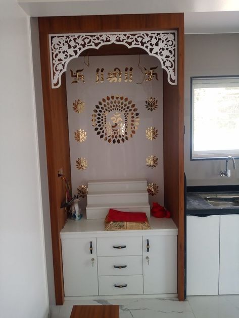 Pooja Room With Kitchen, Devghar In Kitchen, Puja Room In Kitchen, Temple In Kitchen Design, Pooja Room In Kitchen, Pooja Room In Kitchen Ideas, Poja Room Ideas, Small Pooja Room In Living Room, Devghar Design