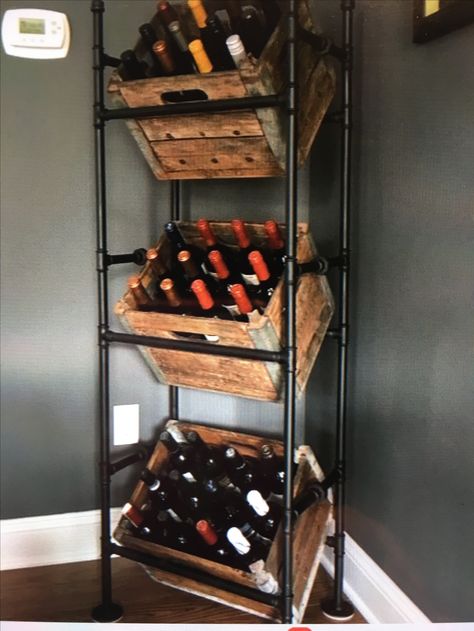 Industrial Diy Decoration, Bigger House, Wine Rack Design, Milk Crates, Pipe Furniture, Diy Wine Rack, Deco Originale, Room Deco, Home Bar Decor