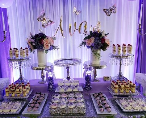 Purple Themed Dessert Table, Purple Quince Snack Table, Lilac Desert Table, Quince Cakes Purple Butterfly, Sweet Sixteen Lavender Theme, Butterfly Sweet 16 Theme, 15 Decorations Ideas Purple, Quinceanera Colors Combinations, Purple Butterfly Quinceanera Theme Cake