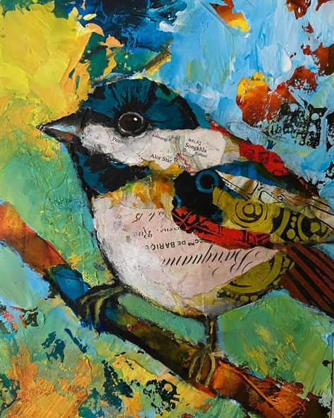 Vikki Reed (@chakramandalas) • Instagram photos and videos Art Ideas Portraits, Bird Pic, Quilt Collage, Gel Prints, Garden Collage, Chickadee Art, Animal Collage, Oil Painting Inspiration, Gelli Plate Printing