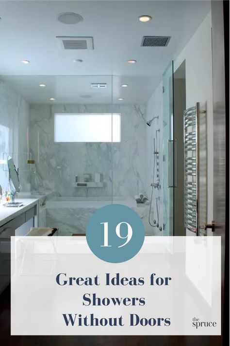 Showers without doors, also known as walk-in showers, have several benefits. First, the doorless style can save time on the work spent cleaning a door. We have some beautiful ideas for how to style your bathroom if your shower has no door. Glass Doors For Showers Walk In, Walk In Showers No Glass Door, Bathroom No Door Shower Ideas, Giant Walk In Shower Ideas, Walk In Showers With No Doors, Shower Remodel No Glass Door, Doorless Walkin Shower Master Bath, Bathrooms Without Shower Doors, Glass Shower Design Ideas