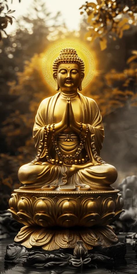 The image is a golden statue of Buddha sitting on a lotus flower. The statue is surrounded by a golden halo and is seated in a meditative pose with his hands in the mudra of meditation ->> more details in ai-img-gen.com Golden Buddha Statue, Statue Of Buddha, Golden Statue, Golden Buddha, Om Mani Padme Hum, Small Objects, Colorful Leaves, His Hands, Lotus Flower