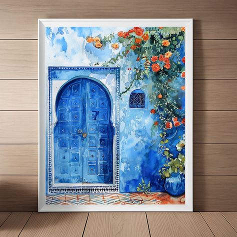 Blue Door Morocco Painting, Marrakesh Art Print, European Wall Art, Morocco Travel Art, Watercolor Printable Download Moroccan Art Painting, Morocco Painting, Moroccan Painting, Marrakesh Travel, European Wall Art, Art Marocain, Morocco Art, معرض فني, European Wall