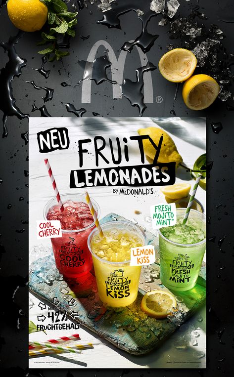 FRUITY LEMONADES // Product launch 2017 on Behance Sandwich Business, Lemonade Menu, Lemon Kiss, Juice Menu, Juice Ad, Juice Shop, Beverage Poster, Mint Mojito, Food Ad