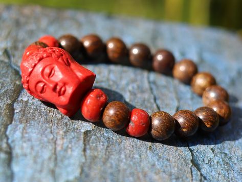 Trendy 10 mm Bronzite bracelet with beautiful large, handcrafted bead of real red Cinnabar Buddha. one who is awake Bronzite Bracelet, Pictures On String, Tibetan Bracelet, Eco Jewelry, Mala Bracelet, Mala Necklace, Unique Bracelets, Spiritual Jewelry, Pillow Gift