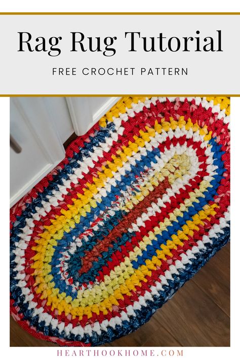 This rag rug crochet pattern is a great way to add a splash of color to your home decor. This pattern is made as an oval with a large hook. You could even use up old clothes or denim jeans! Diy Crochet Rug Rectangle, Crochet Oval Rug Pattern, Crochet Rag Rugs Free Patterns Easy, Oval Rag Rug Crochet Pattern Free, Crochet Rug With Tshirt Yarn Free Pattern, Crocheted Rugs Patterns Free Easy, Crochet Rag Rugs Free Patterns, Tshirt Rug Crochet, Free Rug Crochet Patterns