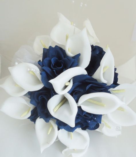 Silk Flower Wedding Bouquet Cream Calla Lily Navy Blue Champagne | eBay Calla Lily Wedding Flowers, Silk Flower Wedding Bouquet, Fake Flowers Wedding, Calla Lily Bouquet Wedding, Calla Lily Wedding, Cascading Bridal Bouquets, Lily Wedding, Navy Blue Flowers, Silk Flowers Wedding