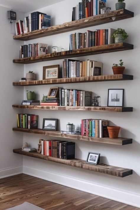 100  Modern And Elegant Home Library Ideas With DIY Tips - Latest & Trendy Nail Designs Floating Shelves Library Bookshelves, Floating Book Shelves Living Room, Library Shelf Ideas, Floating Library Shelves, Floating Shelves Bookshelf, Home Made Bookshelves, Floating Shelf Bookcase, Diy Floating Bookshelf, Floating Shelves Library