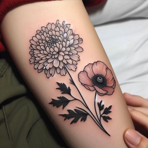 Chrysanthemum & Poppy flower Birth Flower Tattoo for November & August Matching Tattoo Idea, November Tattoo Ideas, November Flower Tattoo, November Birth Flower Tattoo, Name Flower Tattoo, November Birth Flower, Chrysanthemum Tattoo, Fineline Tattoo, Bouquet Tattoo