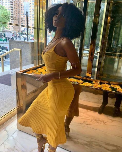 Why Every Black Woman Should Own a Yellow Dress | Styled Fishtail Skirt, Yellow Outfit, Dinner Outfits, Brunch Outfit, Black Women Fashion, A Character, Feminine Outfit, Womens Casual Outfits, Beautiful Black Women