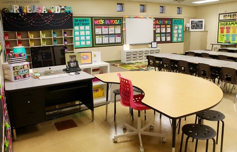 Classroom Tour 2017-2018 | Learning In Wonderland Teacher Desk Arrangement Elementary, Group Tables In Classroom, Desk Groups Classroom, Teacher Desk Area Ideas, Teacher Desk Setup Layout, Small Group Area In Classroom, Small Teacher Desk, Small Classroom Layout, Teacher Space In Classroom