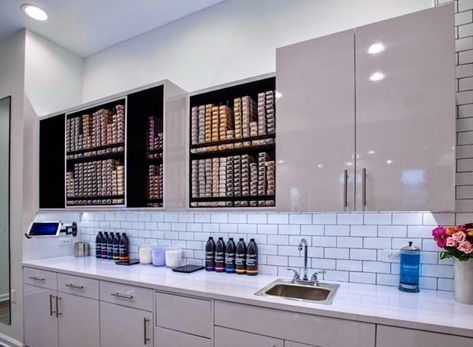 Salon Break Room, Hair Salon Color Bar, Color Bar Salon Ideas, Salon Hair Color Storage, Break Room Design, Salon Color Bar, Salon Design Ideas, Dream Salon, Home Hair Salons