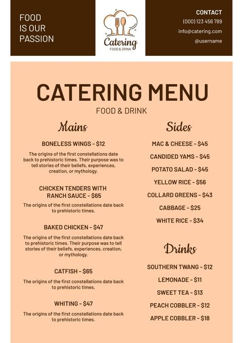 Catering Menu Design Templates, Catering Menu Ideas, Catering Menu Design, Food Menu Ideas, Starting A Catering Business, Wedding Catering Menu, Menu Catering, Menu Pdf, Catering Ideas Food