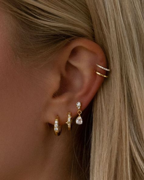 The ultimate party season stack🤩 Treat yourself to jewels that sparkle in our Black Friday sale🫶 Ear Piercings Vision Board, Many Earrings In Ear, Small Ear Ear Piercings, Classy Ear Stack, Earring Layering Ideas, Classy Multiple Ear Piercings, Ears Piercing Aesthetic, Ear Piercings Simple Elegant, Classy Piercings Ears