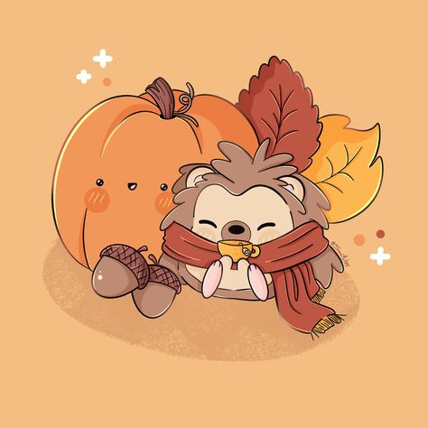 Kawaii, art, illustration, digital art, autumn, fall, season, cute, samiart23, hedgehog, pumpkin, warm color, autumnal Kawaii Thanksgiving Drawings, Autumn Hedgehog Illustration, Cute Fall Characters, Kawaii Fall Aesthetic, Cute Things To Draw For Halloween, Cute Fall Art Drawings, Fall Cute Illustration, Fall Cute Pictures, Autumn Words Aesthetic