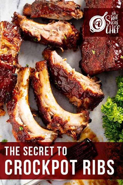 Crockpot ribs are guaranteed to be fall off the bone tender. Learn the secrets for making the best slow cooker ribs including instructions for prepping the meat, giving it a good dry rub, and finishing them off for restaurant quality perfection.  #crockpotribs #ribs Short Ribs Slow Cooker, Baby Back Pork Ribs, Crockpot Ribs, The Stay At Home Chef, Slow Cooker Ribs, Pork Spare Ribs, Lunch Meat Recipes, Stay At Home Chef, Ribs On Grill