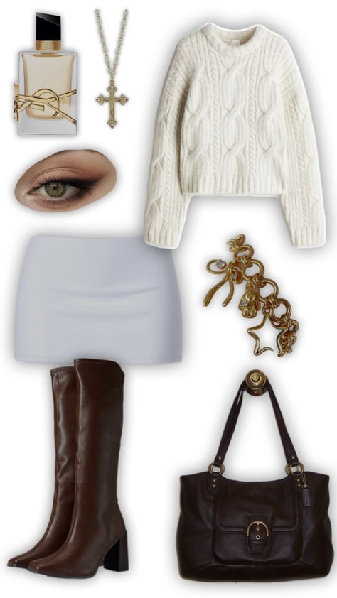 thanksgiving dinner outfit inspo, turkey day outfit, holiday outfit inspo, white sweater outfit, brown boot inspo, gold necklace, gold bracelet, ysl libre Thanksgiving Dinner Outfit, White Sweater Outfit, Ysl Libre, Holiday Outfit Inspo, Outfit Brown, Outfit Holiday, Dinner Outfit, Sweater Outfit, Dinner Outfits