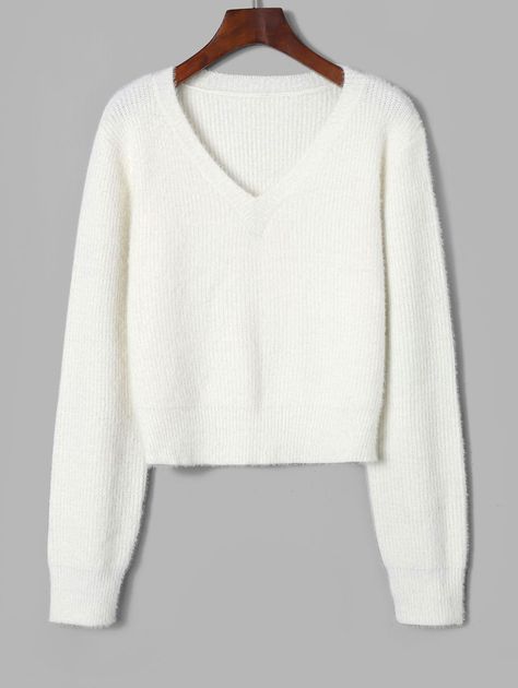 ZAFUL Fuzzy V Neck Fluffy Knit Sweater  WHITE , #Affiliate, #Neck, #Fuzzy, #ZAFUL, #Fluffy, #WHITE #Ad White V Neck Sweater, Black Chunky Knit Sweater, Womens White Sweater, Outfits For Ladies, Fluffy Knit, Fluffy Sweater, White Knit Sweater, Basic Sweaters, Sweater Fits