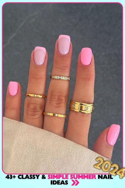 [Ad] Simple Summer Nails With A Short Square Shape In Bright Pink. These Glossy Gel Nails, Adorned With Gold Rings, Are Ideal For A Fun, Playful Summer Look, Suitable For Casual And Festive Occasions. #simplesummernails2024square One Color Gel Nails Short, Nail Ideas With 2 Colors, Short Nails For Nursing School, Plain Summer Nails Simple, Summer Nails Square Bright, Summer Dip Nail 2024 Trends, Cute Short Summer Nails Simple, Summer Nail Colour 2024, Summery Nails 2024 Square