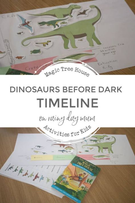 A research and creative activity for kids inspired by the Magic Tree House Book 1 Dinosaurs Before Dark. Create your own dinosaur timeline with this free resource to identify the different dinosaurs from Triassic, Jurassic and Cretaceous periods. #dinosaursbeforedark #dinosauractivities #bookbasedactivities #scienceforkids #rainydaymum Dinosaur Timeline Activity, Magic Tree House Dinosaurs Before Dark Activities, Magic Tree House Dinosaurs Before Dark, Dinosaur Unit Study 3rd Grade, Magic Treehouse Activities, Dinosaur Timeline, Magic Tree House Lessons, Dinosaurs Before Dark, Magic Tree House Activities