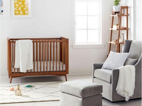 West Elm Nursery, Retro Baby Nursery, Nursery Mid Century, Steel Home Decor, Mid Century Nursery, Crib Safety, Twins Pregnancy, Baby Cribs Convertible, Minimalist Nursery