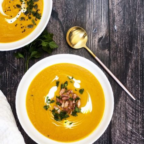 Sweet Potato Apple Carrot Soup - The Classy Baker Sweet Potato And Apple Soup, Apple Carrot Soup, Sweet Potato Apple Soup, Sweet Potato And Carrot Soup, Potato And Carrot Soup, Apple Soup Recipes, Sweet Potato And Carrot, Autumn Meals, Sweet Potato Carrot Soup