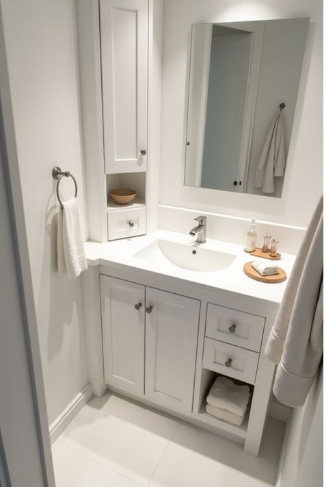 Space-saving bathroom featuring white corner vanity with built-in storage Small Master Vanity, Custom Bathroom Vanity Ideas, Sink With Makeup Vanity, Bathroom Corner Vanity, Corner Vanity Sink, Corner Bathroom Sink, Bathroom Corner Cabinet, Bathroom Vanity Ideas, Corner Bathroom Vanity