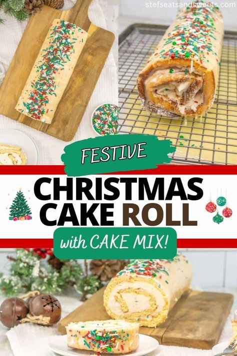 Festive Christmas Cake Roll (with Cake Mix!) - Stef's Eats and Sweets Cake Mix Cake Roll Recipe, Roll Cake With Box Cake, Christmas Cake Roll Recipes Easy, Christmas Cake Rolls, Cake Roll From Box Cake, Cake Roll Recipes Easy, Christmas Swiss Roll, Christmas Roll Cake, Cake Mix Cream Cheese