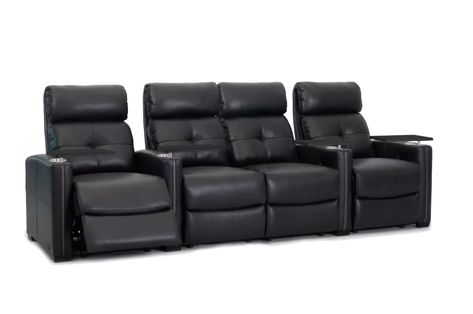 4 Person Recliner Couch | Wayfair Theatre Chairs, Theater Chairs, Theater Recliners, Recliner Couch, Space Saving Design, Leather Wall, Home Theatre, Wine Glass Holder, Entertainment Furniture